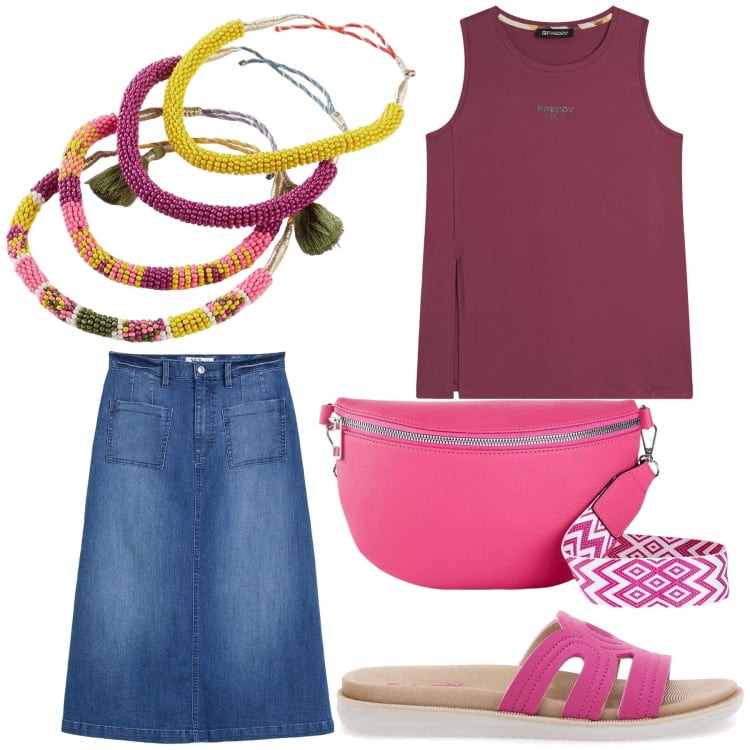 Outfit donna - In casa in gonna jeans. Stile Basic per Tutti i giorni. Abbinamento con gonne longuette, marsupi, braccialetti, canottiere, ciabatte.