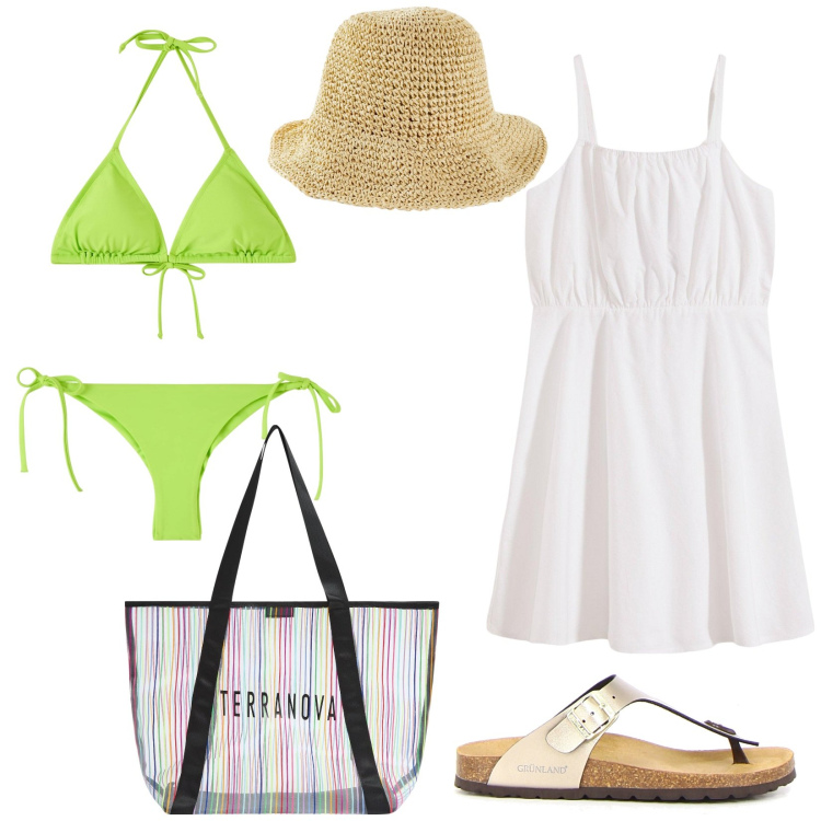Outfit donna - Una giornata al mare. Stile Basic per Mare. Abbinamento con vestiti corti, cappelli, bikini, bikini, shopping bag, infradito.