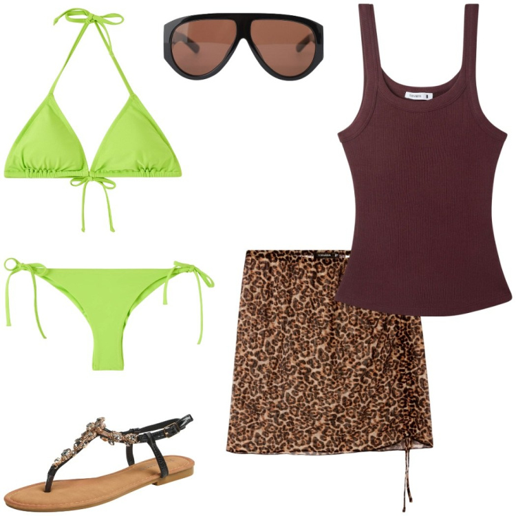Outfit donna - Al mare. Stile Etnico per Mare. Abbinamento con minigonne, bikini, bikini, canottiere, sandali gioiello, occhiali da sole.