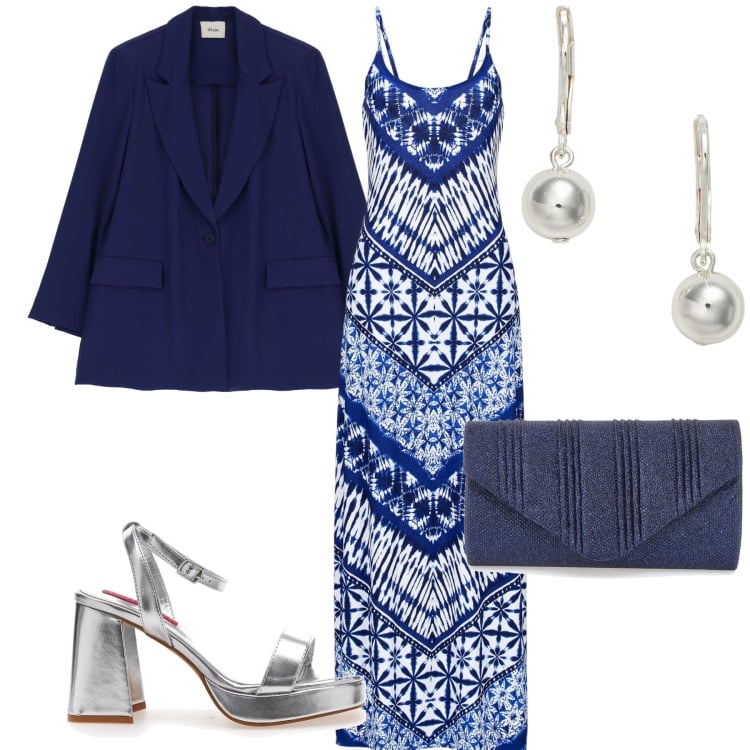 Outfit donna - L abito una maiolica. Stile Chic per Cerimonia. Abbinamento con vestiti lunghi, blazer, orecchini, sandali col tacco, clutch.