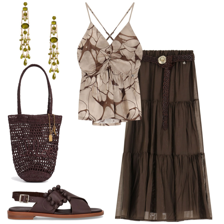 Outfit donna - Casual chic. Stile Casual chic per Serata fuori. Abbinamento con canottiere, gonne lunghe, orecchini, sandali, borse a spalla.