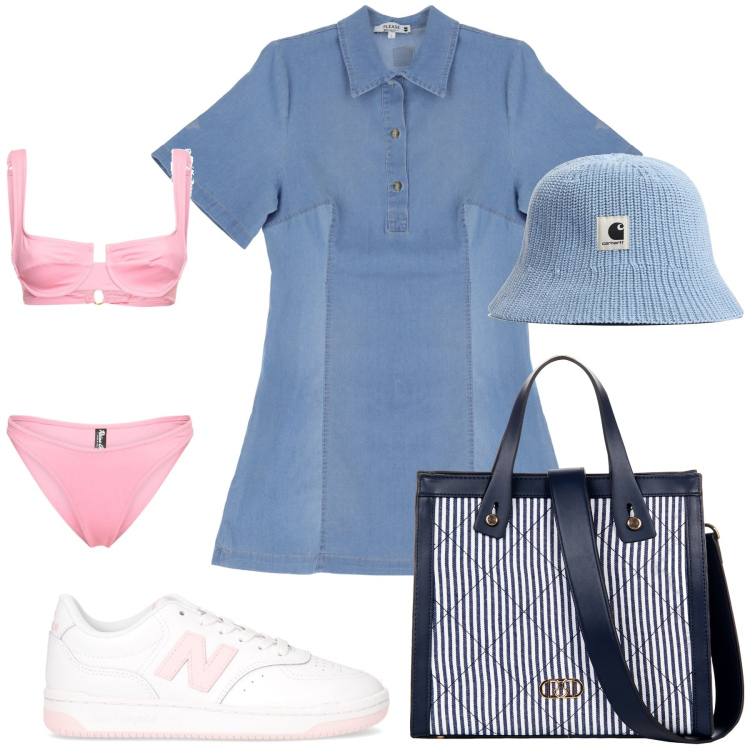 Outfit donna - Il cappello del pescatore. Stile Trendy per Mare. Abbinamento con shopping bag, vestiti corti, bikini, cappelli, sneakers.