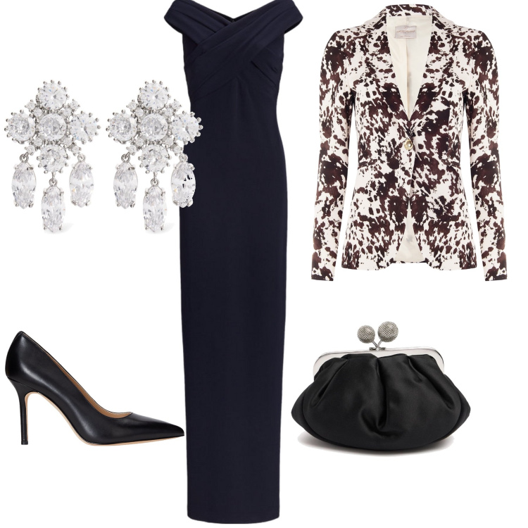 Outfit donna - Fantastica serata. Stile Glamour per Serata fuori. Abbinamento con blazer, vestiti lunghi, décolleté, pochette, orecchini.