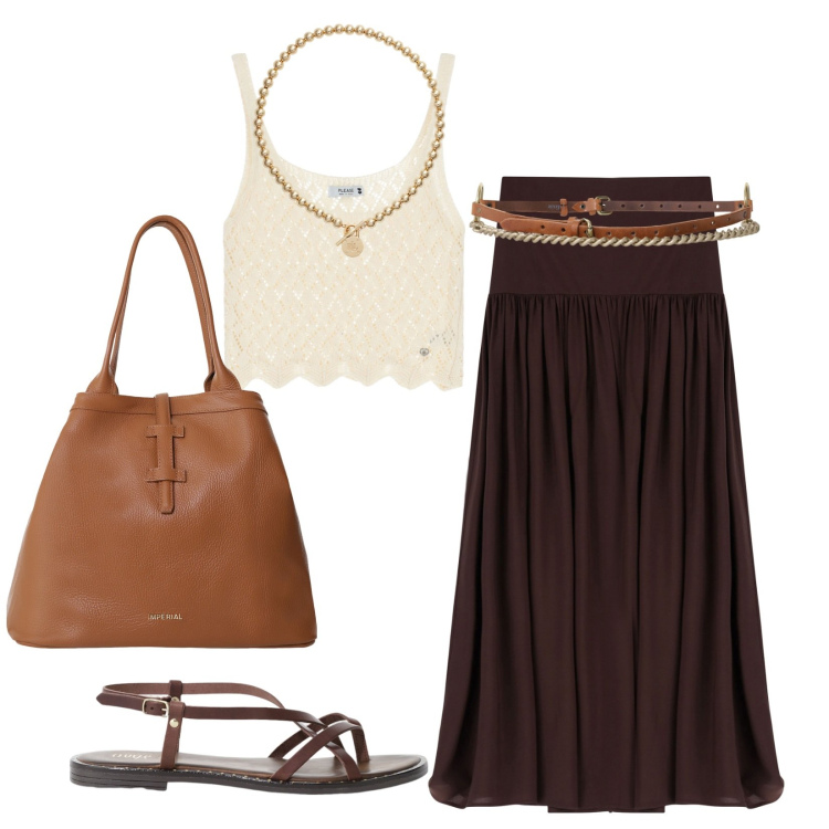 Outfit donna - Gonna lunga e sandali flat. Stile Etnico per Tutti i giorni. Abbinamento con top, gonne lunghe, borse tote, sandali, cinture, collane.