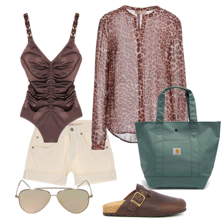 Outfit donna - Mix color e liberty. Stile Glamour per Tutti i giorni. Abbinamento con camicie, shorts, costumi interi, occhiali da sole, borse tote, ciabatte.