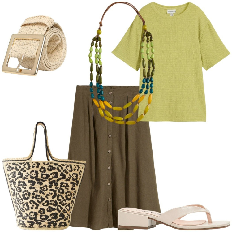 Outfit donna - Marron &verde lime. Stile Etnico per Tutti i giorni. Abbinamento con gonne longuette, t-shirt, infradito, shopping bag, cinture, collane.