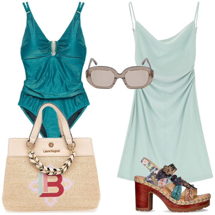 Outfit donna - Costume intero verde con accessori. Stile Casual per Mare. Abbinamento con vestiti corti, costumi interi, sandali col tacco, borse a mano, occhiali da sole.