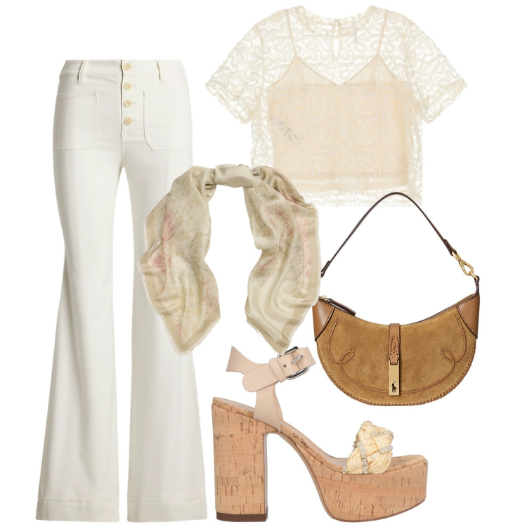 Outfit donna - Zeppa in sughero. Stile 70s per Serata fuori. Abbinamento con sandali, bluse, borse a spalla, pantaloni, foulard.