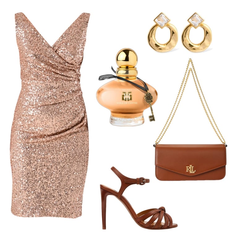 Outfit donna - Tubino Paillettes Oro. Stile Casual chic per Serata fuori. Abbinamento con profumi, vestiti a tubino, borse a spalla, sandali col tacco, orecchini.