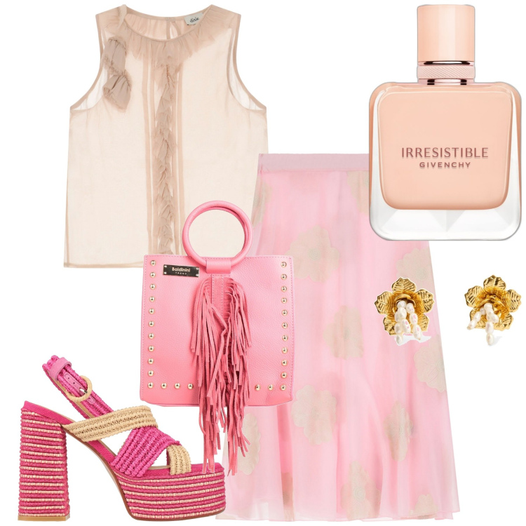 Outfit donna - Sfumature rosa. Stile Romantica per Cerimonia. Abbinamento con borse a mano, sandali in pelle, profumi, gonne longuette, top, orecchini.