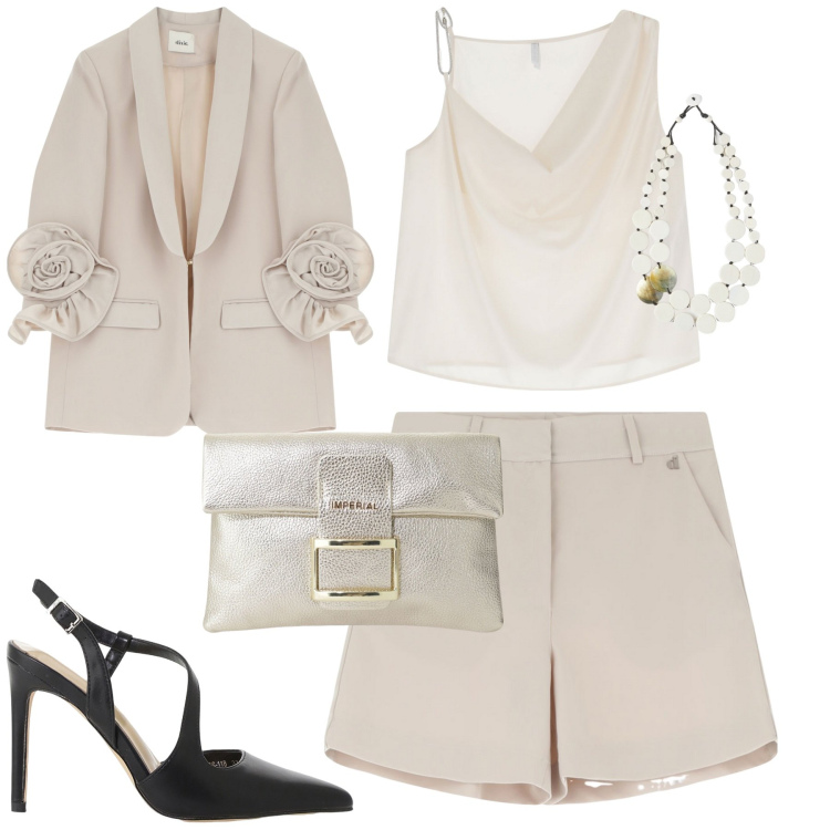 Outfit donna - Cerimonia. Stile Trendy per Cerimonia. Abbinamento con décolleté, top, pochette, blazer, shorts, ciondoli.