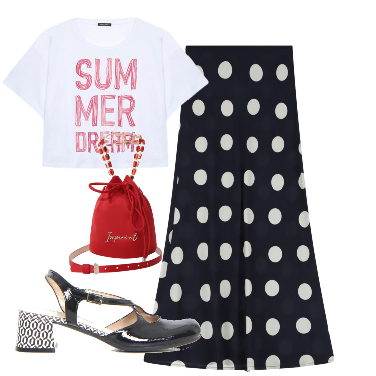 Outfit donna - Longuette a grandi pois. Stile Casual chic per Ufficio. Abbinamento con borse a secchiello, gonne lunghe, t-shirt, décolleté.
