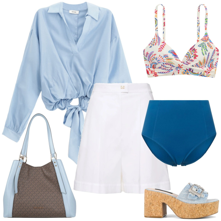 Outfit donna - Azzurro, fiori e costume. Stile Basic per Tutti i giorni. Abbinamento con borse a mano, bluse, bikini, sandali, shorts, bikini.