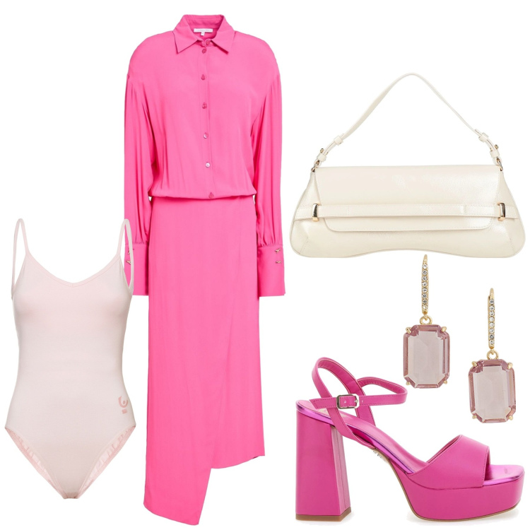 Outfit donna - Chemisier asimmetrico. Stile Trendy per Serata fuori. Abbinamento con vestiti asimmetrici, borse a mano, body, orecchini, sandali col tacco.
