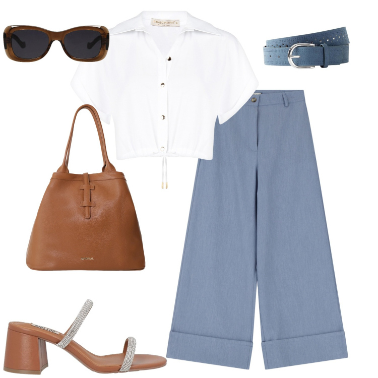 Outfit donna - City. Stile Urban per Tutti i giorni. Abbinamento con cinture, sandali in pelle, occhiali da sole, camicie a manica corta, borse tote, pantaloni a palazzo.