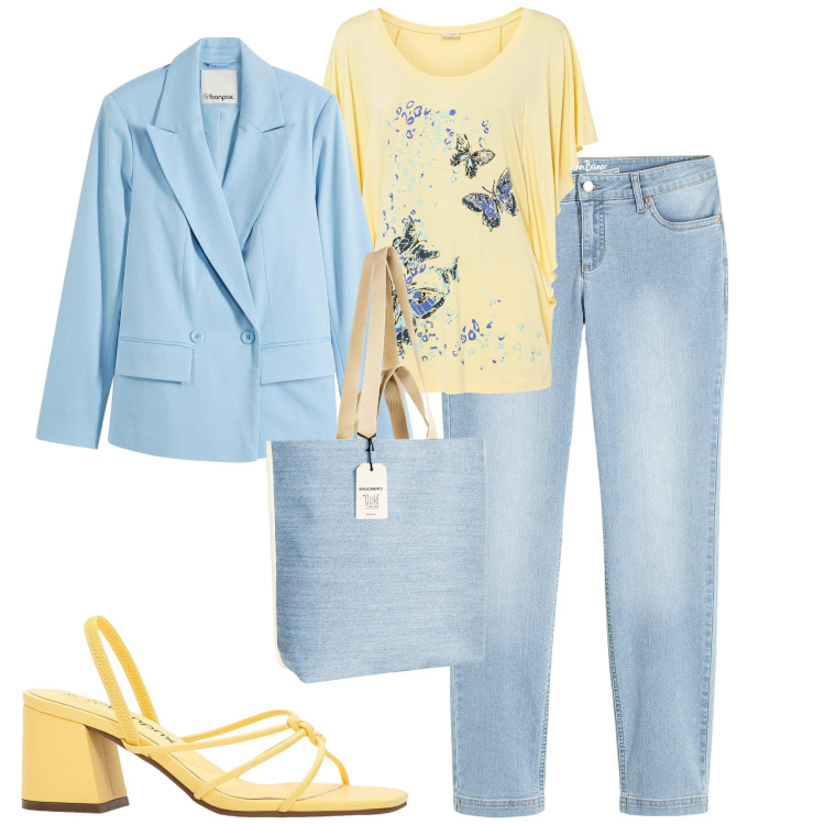Outfit donna - City. Stile Urban per Tutti i giorni. Abbinamento con jeans dritti, sandali col tacco, maglieria, blazer, borse tote.