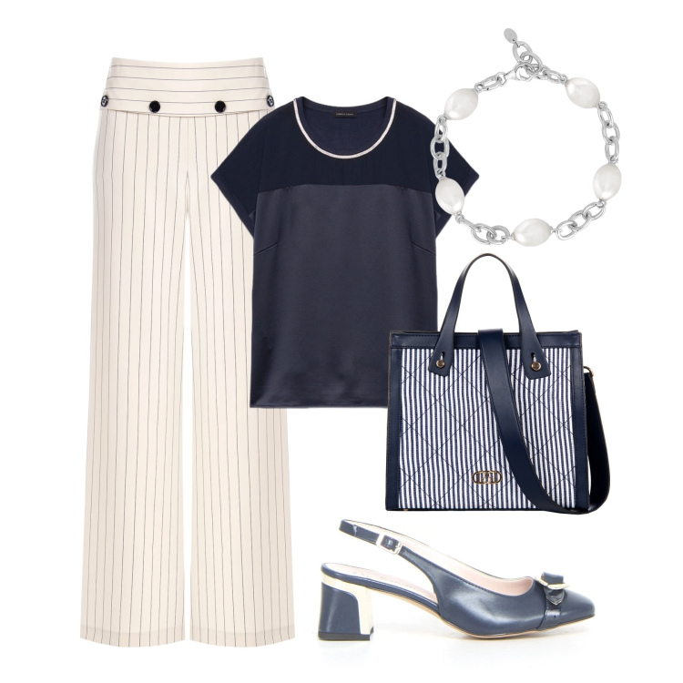 Outfit donna - Completo leggero al lavoro. Stile Glamour per Ufficio. Abbinamento con braccialetti, pantaloni, shopping bag, top, décolleté.