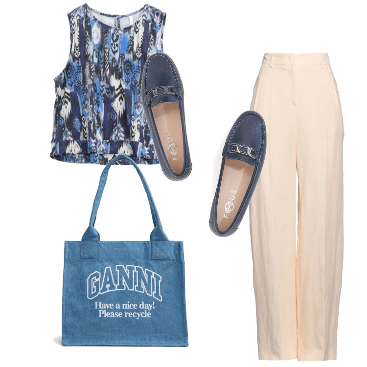 Outfit donna - Every day. Stile Bon Ton per Ufficio. Abbinamento con pantaloni, top, mocassini, shopping bag.