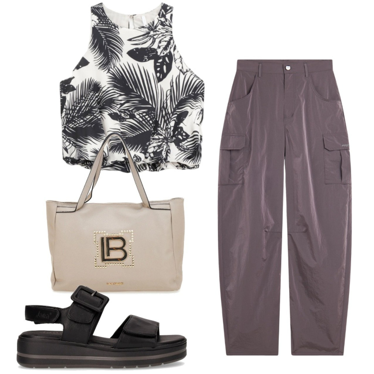 Outfit donna - Cargo. Stile Casual per Tutti i giorni. Abbinamento con top, pantaloni cargo, borse a spalla, sandali.