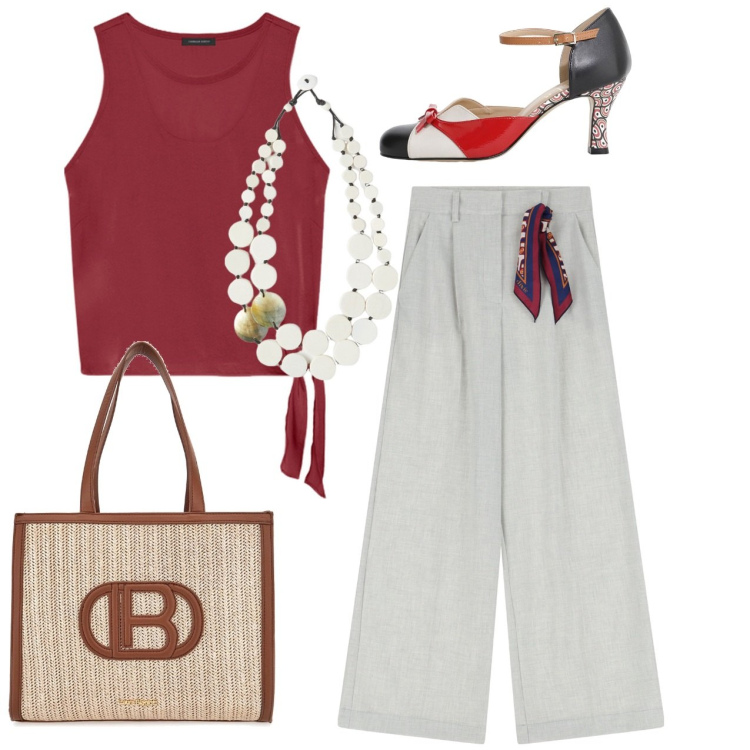 Outfit donna - Bon ton. Stile Bon Ton per Tutti i giorni. Abbinamento con pantaloni, décolleté, top, borse a spalla, ciondoli.