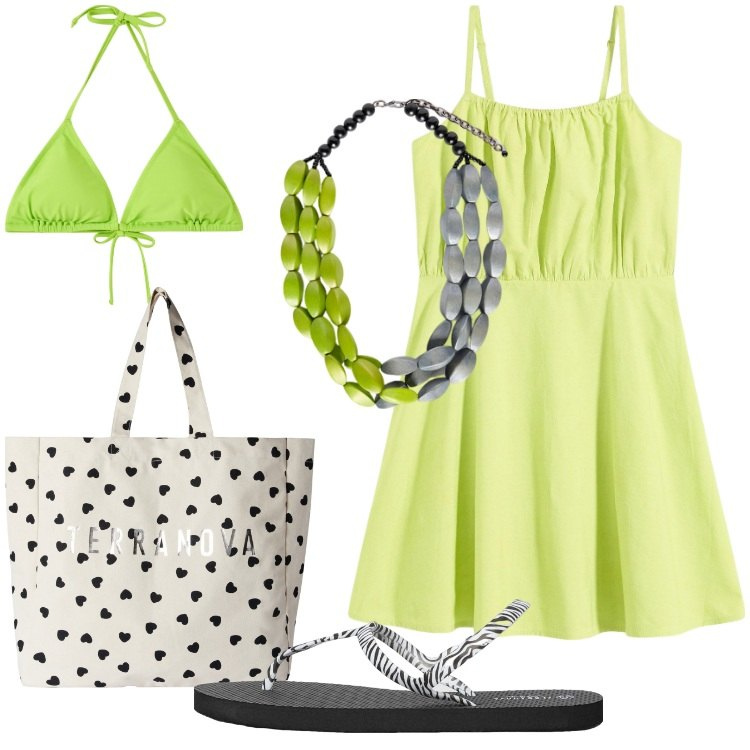 Outfit donna - Speciale Verde Lime. Stile Trendy per Mare. Abbinamento con vestiti corti, bikini, borse tote, sandali, collane.