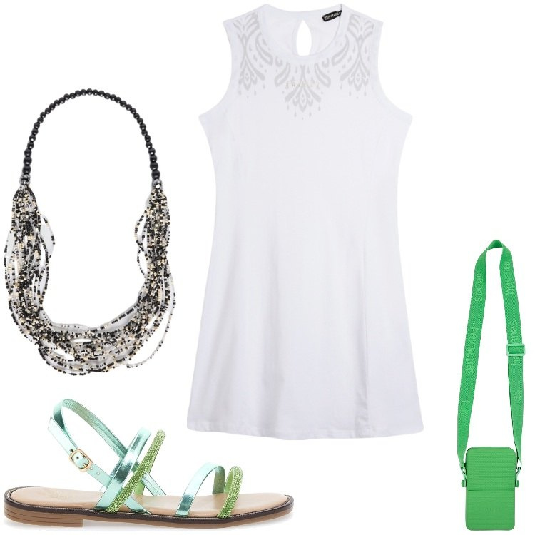 Outfit donna - vestitino. Stile Casual chic per Serata fuori. Abbinamento con vestiti midi/longuette, sandali, collane, borse a tracolla.