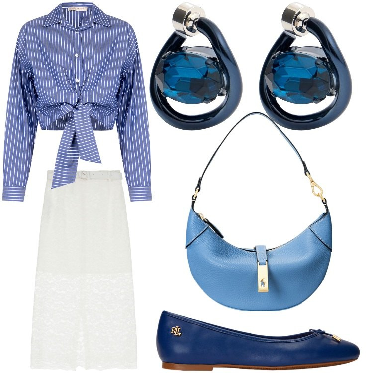 Outfit donna - Righe e ballerine. Stile Bon Ton per Ufficio. Abbinamento con gonne longuette, ballerine, borse a spalla, camicie, orecchini.