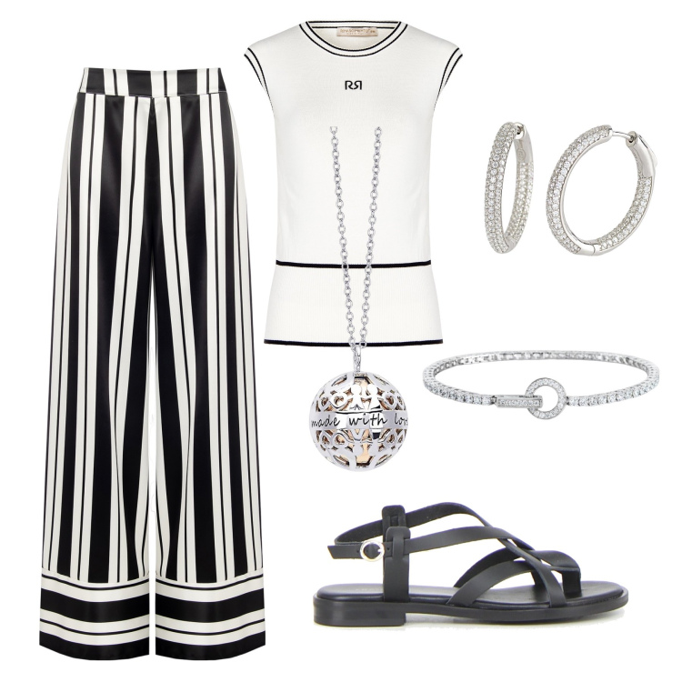 Outfit donna - Aperitivo black & white. Stile Casual chic per Tutti i giorni. Abbinamento con pantaloni a palazzo, top, orecchini, braccialetti, collane, sandali.