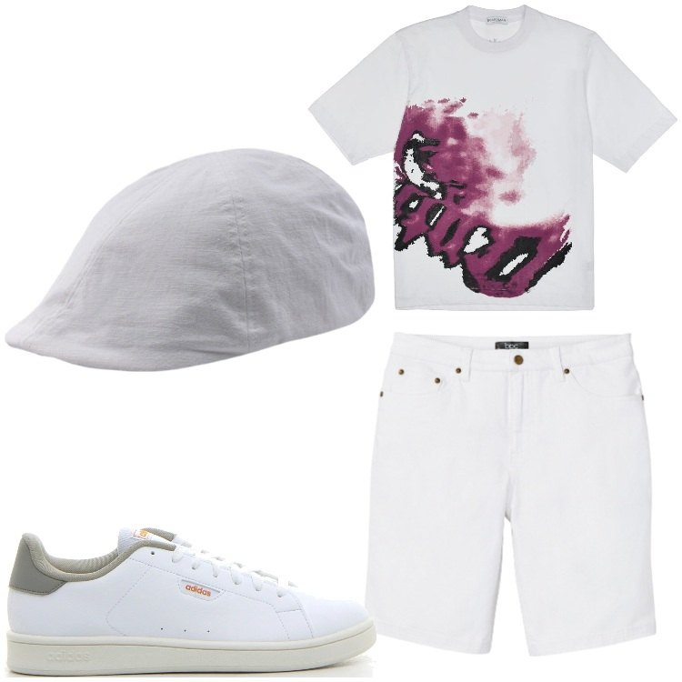 Outfit uomo - Bianco. Stile Casual per Tutti i giorni. Abbinamento con bermuda, t-shirt, cappelli con visiera, sneakers.