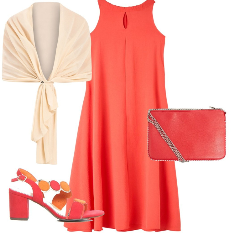 Outfit donna - Aragosta. Stile Glamour per Serata fuori. Abbinamento con borse a tracolla, vestiti senza maniche, scialli, sandali col tacco.