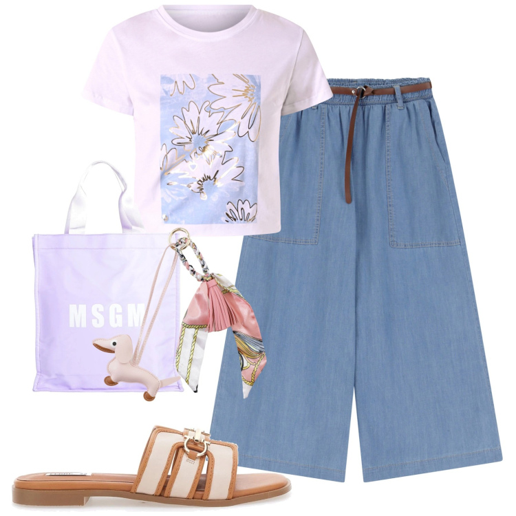 Outfit donna - City. Stile Casual chic per Tutti i giorni. Abbinamento con borse a mano, t-shirt, jeans, portachiavi, ciabatte.