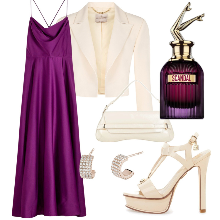 Outfit donna - Damigella. Stile Chic per Cerimonia. Abbinamento con vestiti, borse a mano, profumi, orecchini, bolero, sandali col tacco.