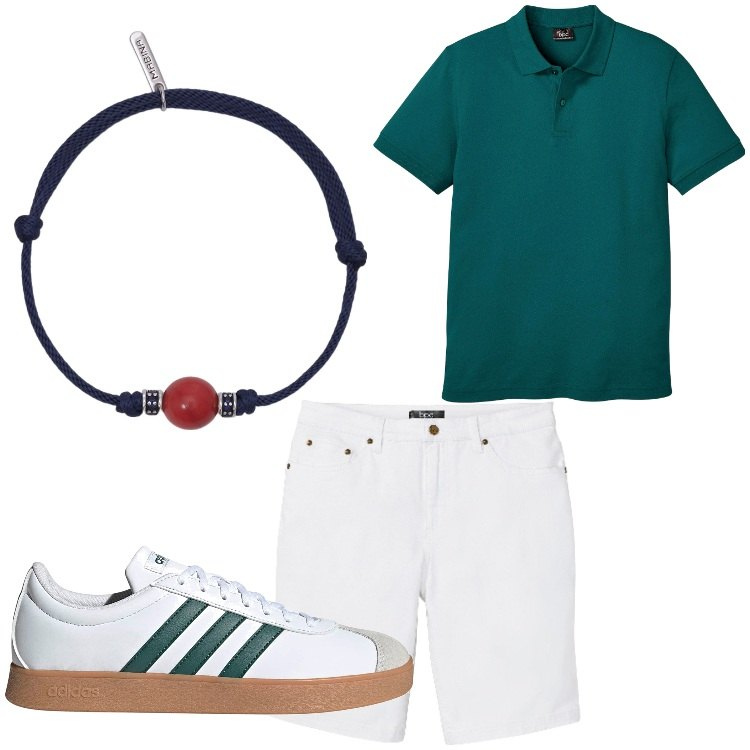 Outfit uomo - Panna e menta. Stile Casual per Tutti i giorni. Abbinamento con bermuda, polo, braccialetti, sneakers.