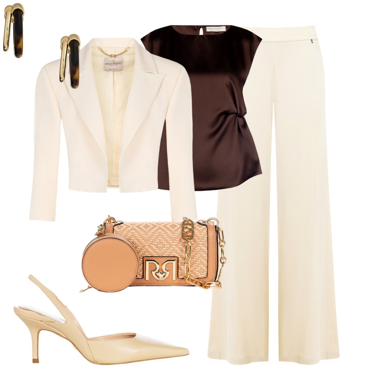 Outfit donna - Evento. Stile Chic per Cerimonia. Abbinamento con top, pantaloni a palazzo, bolero, décolleté, borse a tracolla, orecchini.
