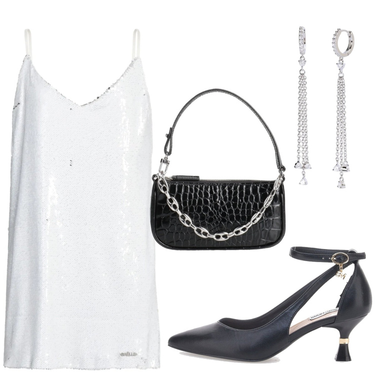Outfit donna - Abito corto con paillettes. Stile Glamour per Serata fuori. Abbinamento con vestiti corti, borse a mano, orecchini, décolleté.
