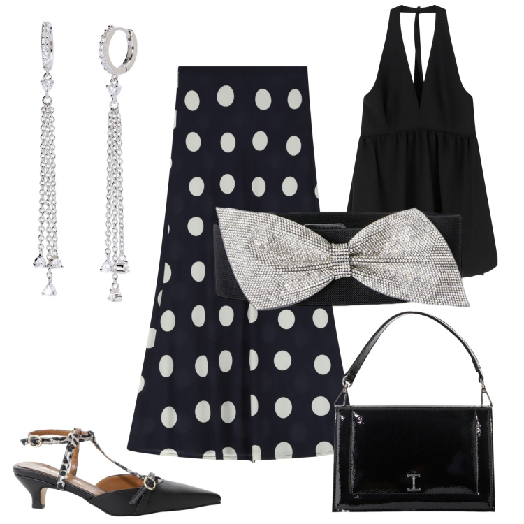 Outfit donna - Una gonna a pois. Stile Glamour per Serata fuori. Abbinamento con orecchini, vestiti corti, décolleté, borse a tracolla, gonne lunghe, cinture.
