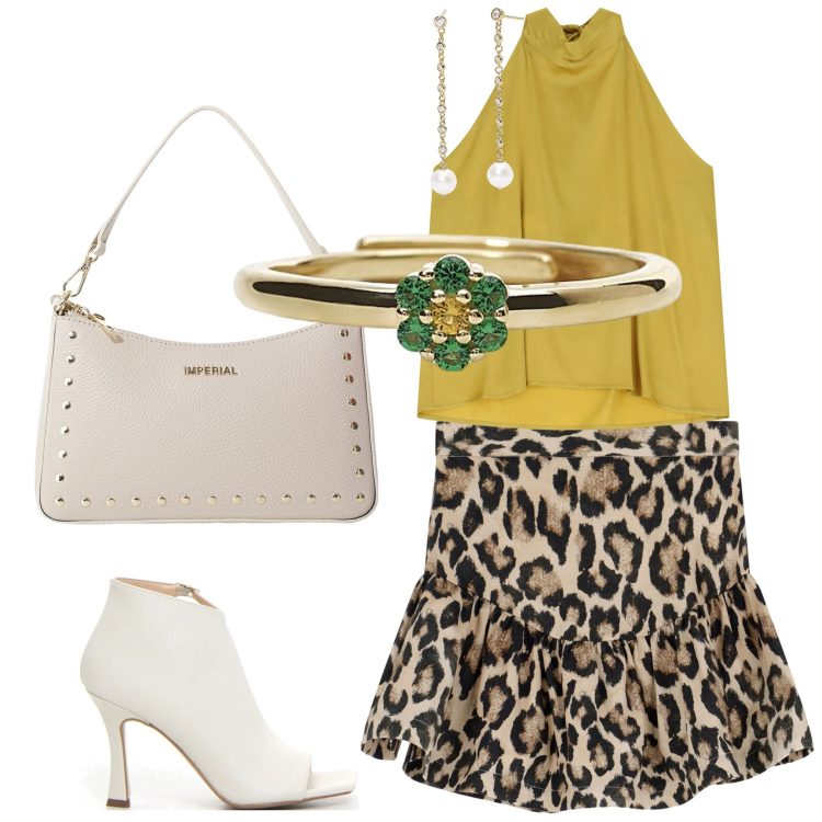 Outfit donna - Total look #2178453. Abbinamento con anelli, orecchini, minigonne, borse a spalla, top, sandali col tacco.