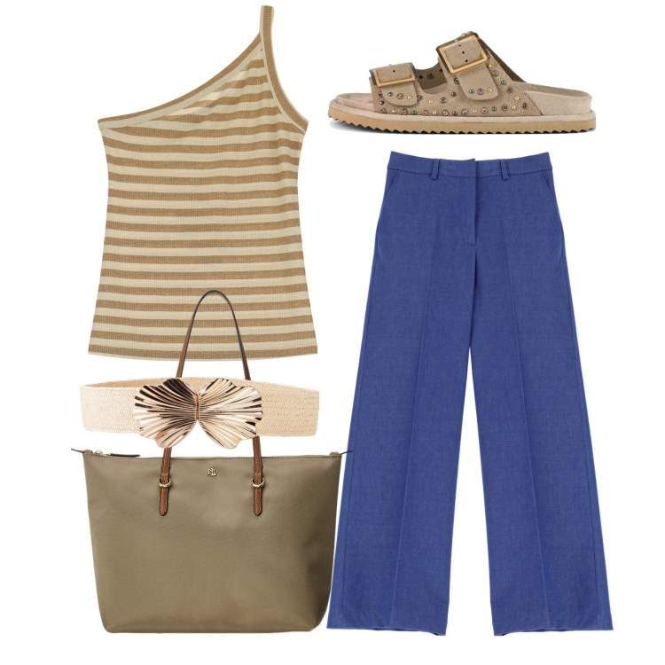 Outfit donna - Pomeriggio. Stile Bon Ton per Tutti i giorni. Abbinamento con cinture, pantaloni a palazzo, top, borse tote, sandali.