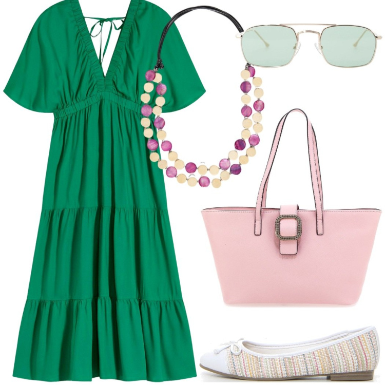 Outfit donna - Verde e rosa da pomeriggio. Stile Casual chic per Tutti i giorni. Abbinamento con vestiti midi/longuette, occhiali da sole, collane, borse a spalla, ballerine.