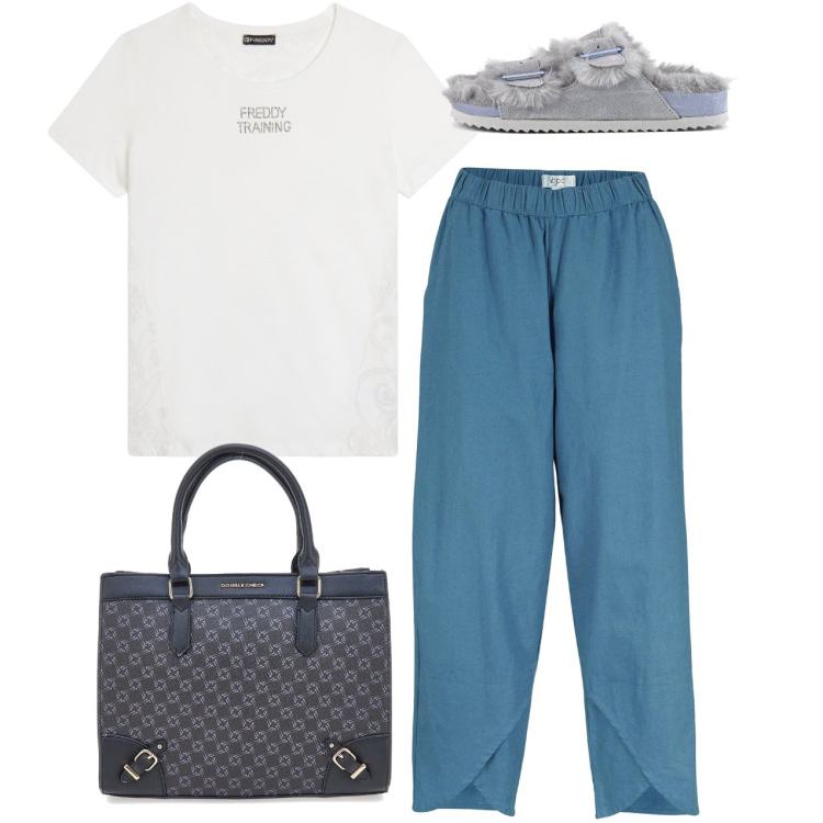 Outfit donna - Bluette. Stile Basic per Tutti i giorni. Abbinamento con pantaloni, t-shirt, borse a tracolla, sandali in pelle.