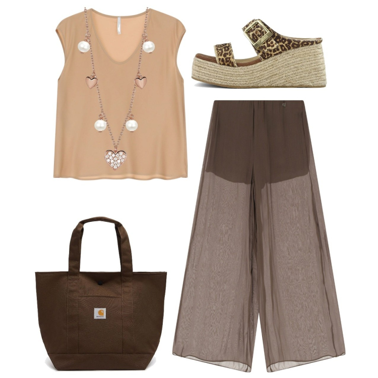 Outfit donna - Marrone cioccolato. Stile Chic per Tutti i giorni. Abbinamento con collane, top, pantaloni, zeppe, borse tote.