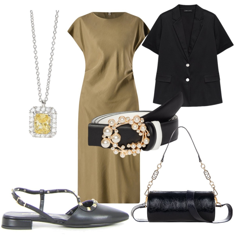 Outfit donna - Total look #2178463. Stile Chic per Tutti i giorni. Abbinamento con collane, vestiti midi/longuette, borse a mano, sandali in pelle, cinture, blazer.