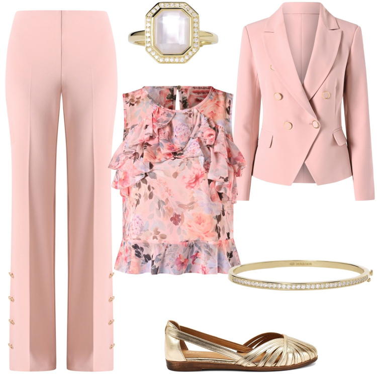 Outfit donna - Madrina di battesimo. Stile Chic per Cerimonia. Abbinamento con blazer, pantaloni a palazzo, top, anelli, braccialetti, ballerine.