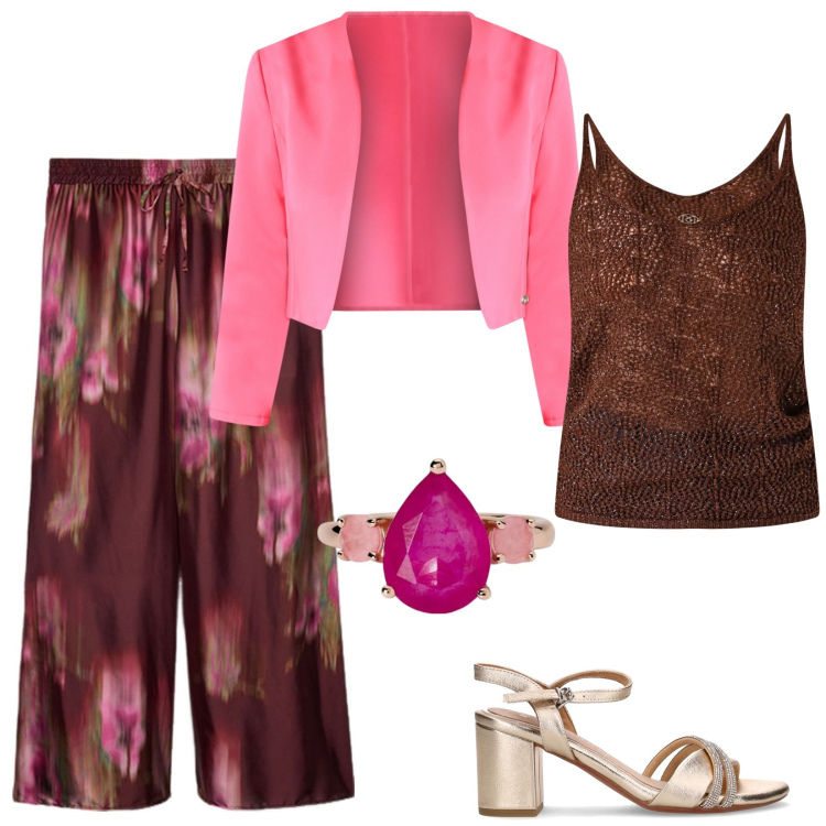 Outfit donna - Serata leggera e chic. Stile Glamour per Serata fuori. Abbinamento con anelli, top, bolero, pantaloni a palazzo, sandali in pelle.
