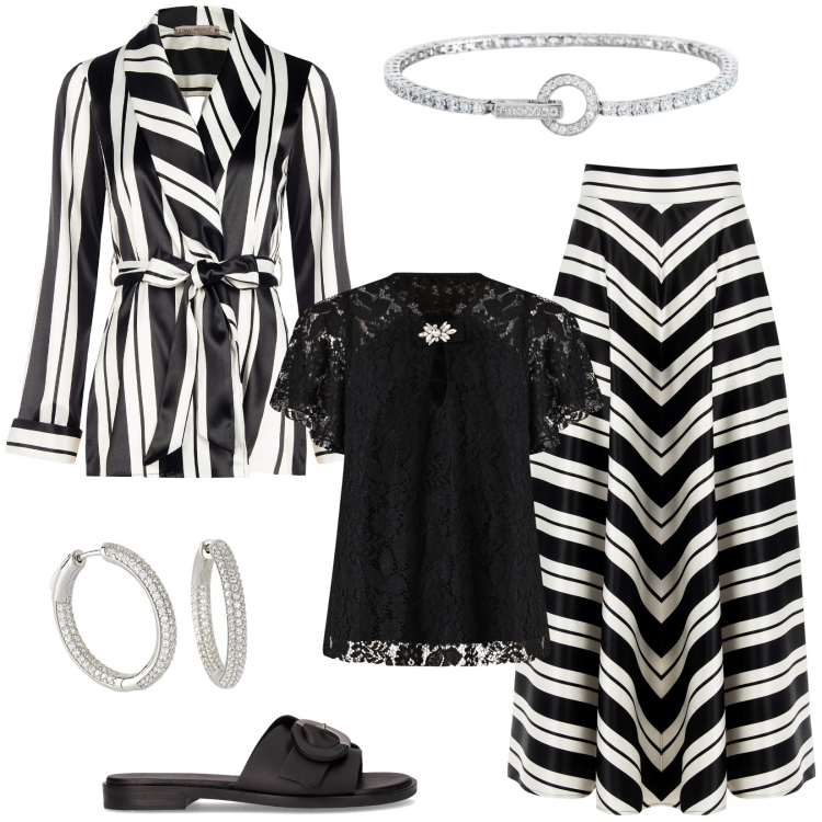 Outfit donna - Una cerimonia chic. Stile Chic per Cerimonia. Abbinamento con orecchini, braccialetti, gonne, blazer, bluse, ciabatte.