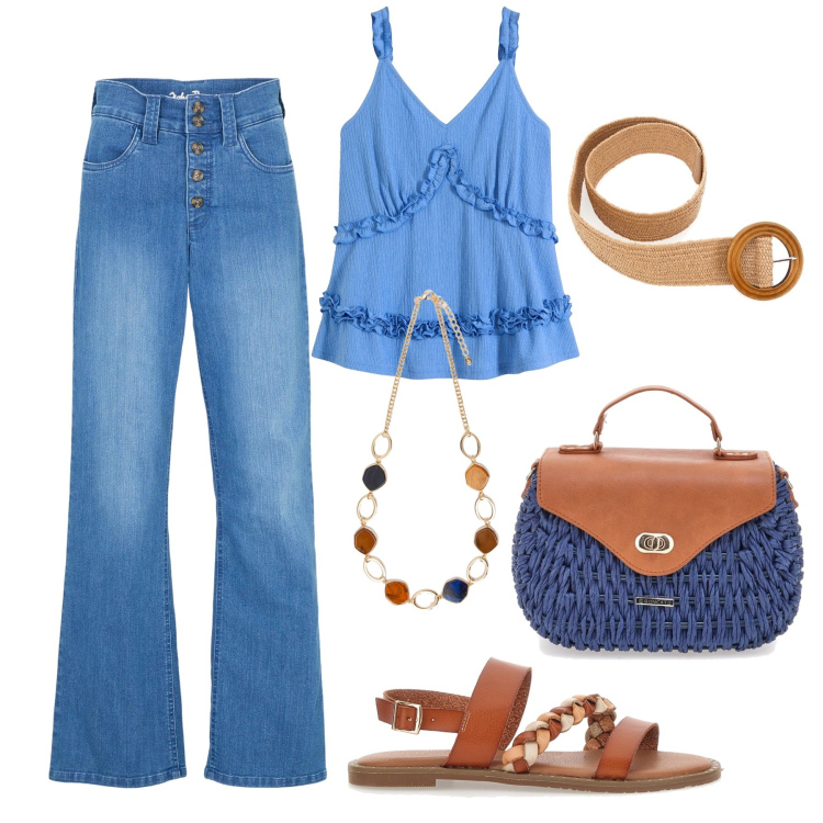Outfit donna - Cognac e denim in città. Stile Casual per Tutti i giorni. Abbinamento con jeans dritti, top, sandali, collane, borse a tracolla, cinture.