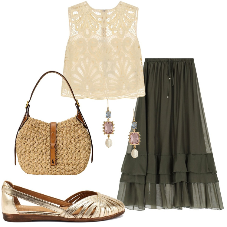 Outfit donna - Un tocco di romanticismo. Stile Romantica per Tutti i giorni. Abbinamento con gonne lunghe, top, orecchini, borse a spalla, ballerine.