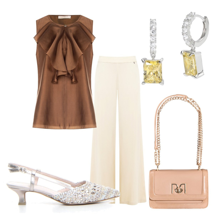 Outfit donna - Total look #2178481. Stile Bon Ton per Tutti i giorni. Abbinamento con orecchini, bluse, pantaloni a palazzo, borse a tracolla, sandali col tacco.