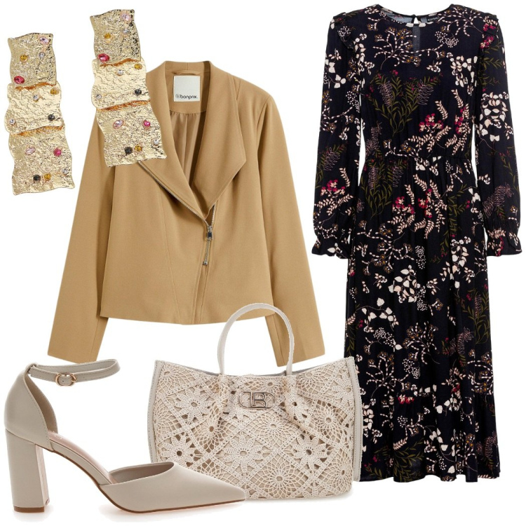 Outfit donna - Cena fuori. Stile Casual chic per Serata fuori. Abbinamento con vestiti midi/longuette, bomber, orecchini, décolleté, borse a tracolla.