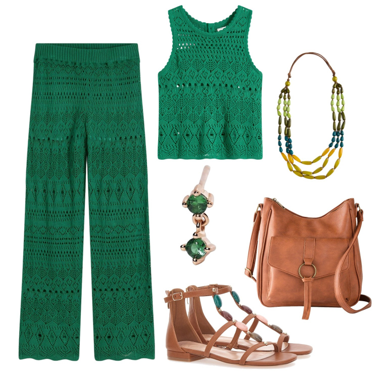 Outfit donna - Il completo crochet. Stile Trendy per Tutti i giorni. Abbinamento con pantaloni, borse a tracolla, top, orecchini, collane, sandali gioiello.